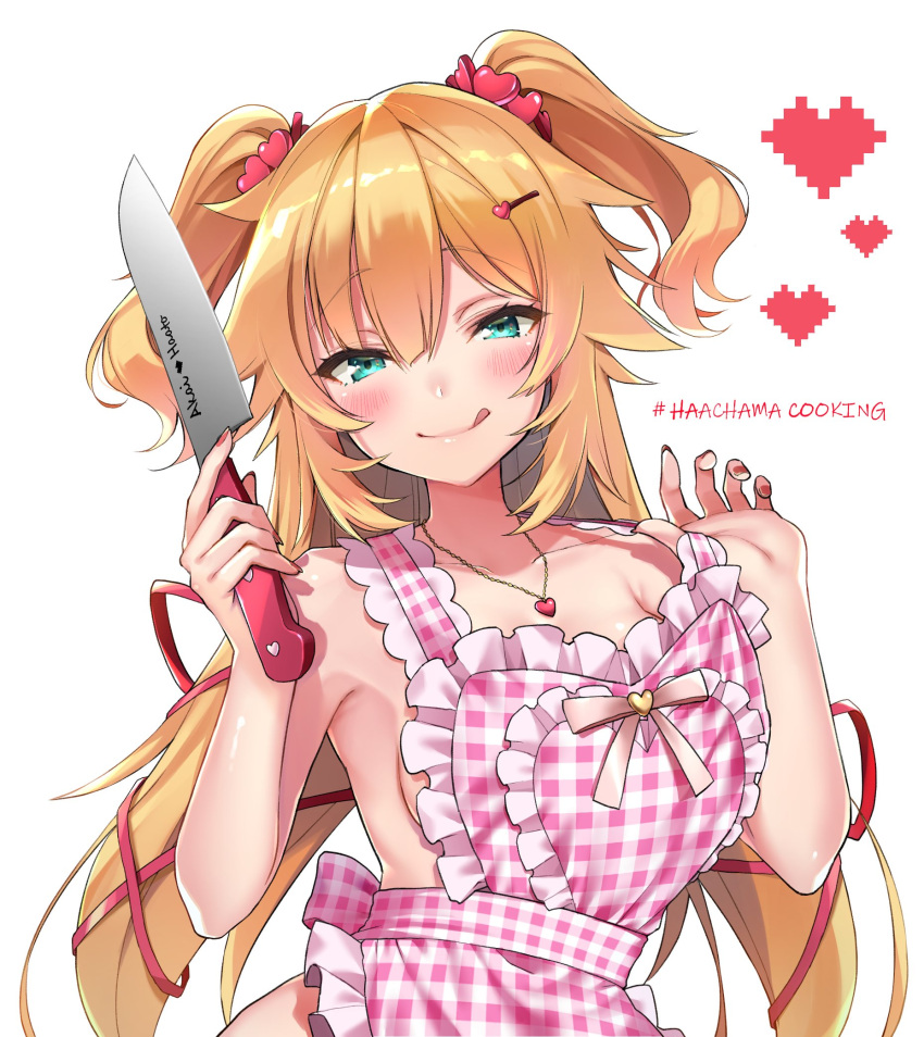 1girl :q akai_haato apron blonde_hair blue_eyes blush breasts character_name hair_ornament hair_ribbon hairclip heart heart_hair_ornament highres hololive jewelry kitchen_knife long_hair makinan necklace ribbon sideboob simple_background solo tongue tongue_out two_side_up upper_body