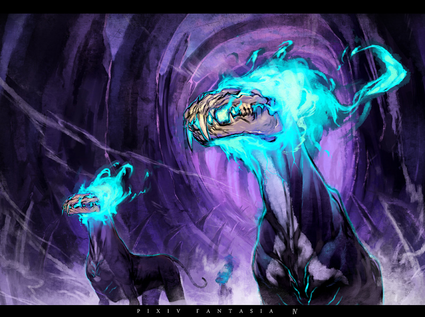 animal_skull blue_fire copyright_name dust dust_cloud english_text fire flame monster no_humans pixiv_fantasia pixiv_fantasia_4 ryota-h skull