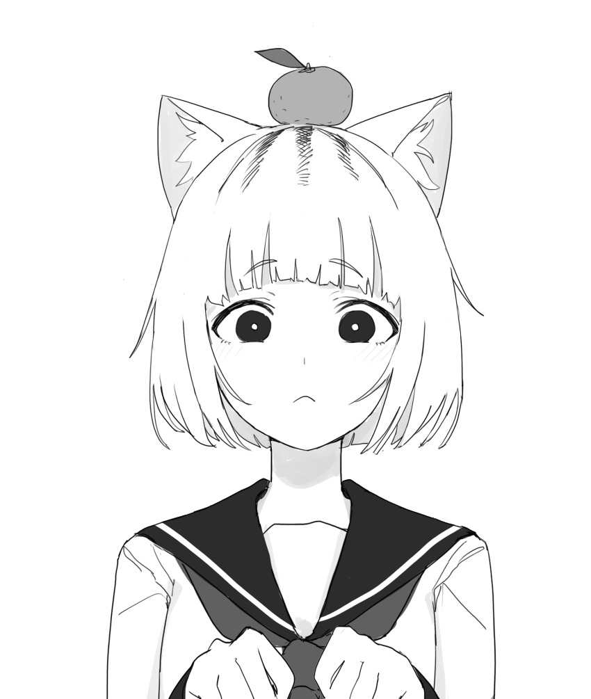 1girl :&lt; animal_ear_fluff animal_ears bangs black_eyes blunt_bangs bright_pupils cat_ears cat_girl claw_pose commentary crowcrycaw eyebrows_visible_through_hair food food_on_head fruit greyscale hands_up highres long_sleeves looking_at_viewer mandarin_orange monochrome neckerchief object_on_head original sailor_collar short_hair simple_background solo upper_body white_background white_hair white_pupils