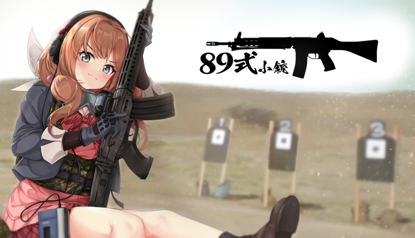 1girl assault_rifle blush character_name girls_frontline gloves green_eyes gun headphones highres holding holding_gun holding_weapon howa_type_89 howa_type_89_(girls_frontline) ohshit redhead rifle solo tagme walkman weapon