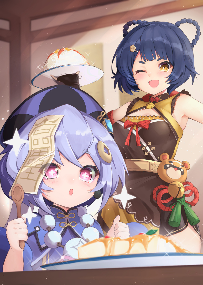 2girls absurdres bangs bare_shoulders bead_necklace beads black_hair blush braid braided_ponytail breasts china_dress chinese_clothes coin_hair_ornament dress food genshin_impact hair_rings hat highres jewelry jiangshi long_hair medium_breasts mizuno_tera multiple_girls necklace ofuda one_eye_closed open_mouth plate purple_dress purple_hair purple_headwear qing_guanmao qiqi rice small_breasts smile sparkle spoon talisman tofu violet_eyes xiangling_(genshin_impact) yellow_eyes