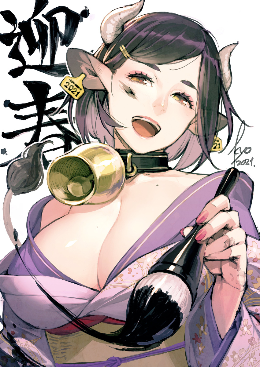 1girl 2021 absurdres animal_ears bell bell_choker black_choker brush calligraphy chinese_zodiac choker collarbone cow_ears cow_girl cow_horns cow_tail dated ear_tag ears_visible_through_hair eyeshadow fingernails floral_print hair_ornament hairclip highres holding holding_brush horns ink ink_on_face japanese_clothes kimono kyo_(kuroichigo) makeup mole open_mouth orange_eyes original paintbrush pink_eyeshadow pink_lips pink_nails purple_hair purple_kimono short_hair signature smile solo tail teeth tongue upper_body upper_teeth year_of_the_ox