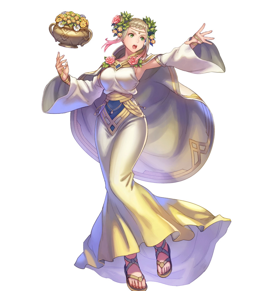 1girl anbe_yoshirou bangs blonde_hair breasts cape circlet dress fire_emblem fire_emblem_heroes full_body gold_trim gradient gradient_clothes gradient_hair hair_ornament henriette_(fire_emblem) highres long_dress medium_breasts multicolored_hair official_art pink_hair sandals toes transparent_background wide_sleeves