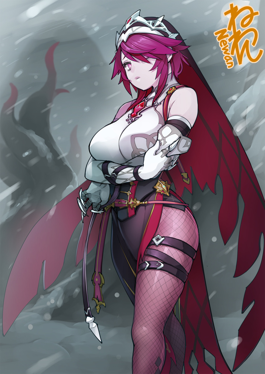 1girl bare_shoulders breasts claws crossed_arms dress elbow_gloves fishnet_legwear fishnets genshin_impact gloves hair_over_one_eye highres large_breasts legs looking_at_viewer neone nun one_eye_closed purple_hair purple_legwear rosaria_(genshin_impact) short_hair snow solo standing thigh_strap thighs veil violet_eyes