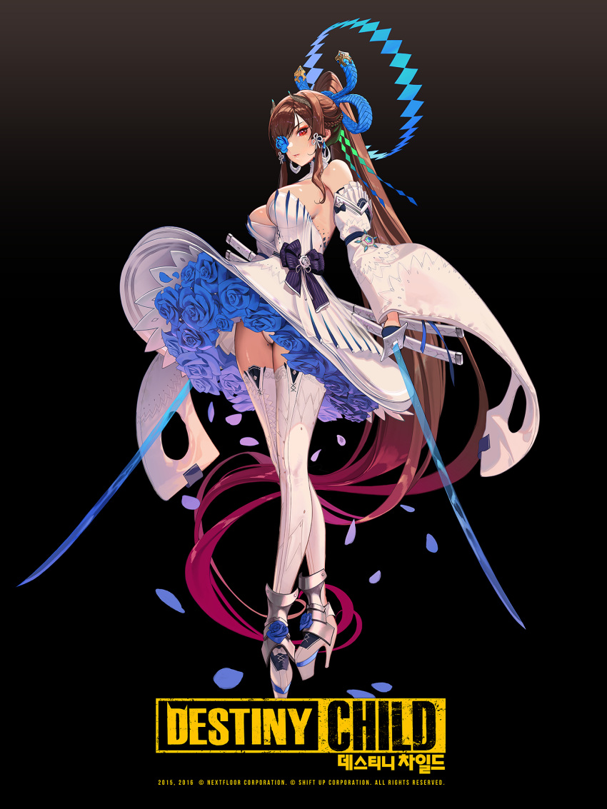 1girl absurdly_long_hair bare_shoulders blue_flower blue_rose bow breasts copyright_name destiny_child detached_sleeves dress earrings eve_(destiny_child) flower flower_eyepatch hair_bow hair_ornament highres holding holding_weapon jewelry korean_text large_breasts lightning logo long_hair official_art ponytail rose sheath solo thigh-highs very_long_hair weapon white_dress zig90