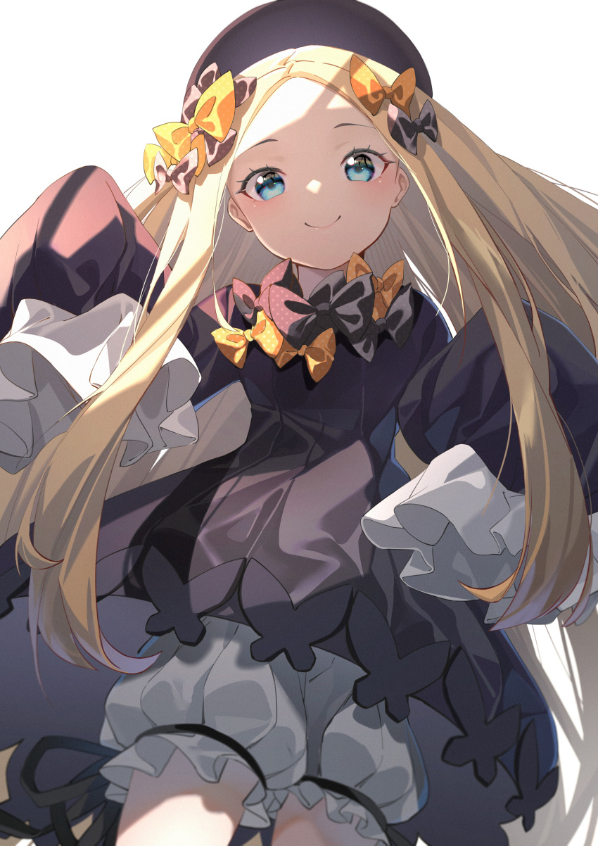 1girl abigail_williams_(fate) absurdres bangs black_bow black_dress black_headwear blonde_hair blue_eyes blush bow breasts closed_mouth dress fate/grand_order fate_(series) forehead hair_bow hat highres long_hair long_sleeves looking_at_viewer miyu10366 multiple_bows orange_bow parted_bangs ribbed_dress simple_background sleeves_past_fingers sleeves_past_wrists small_breasts smile very_long_hair white_bloomers