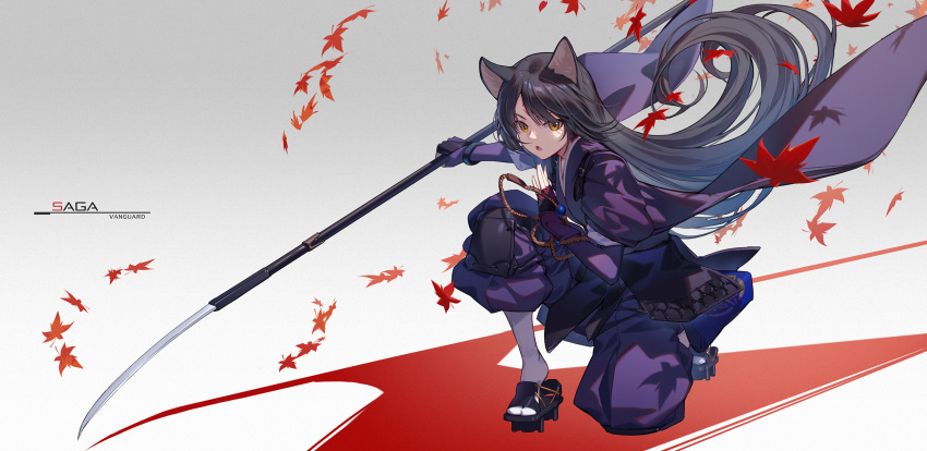 1girl animal_ears arknights autumn_leaves black_footwear black_hair brown_eyes character_name dog_ears dog_girl elbow_gloves english_text facial_mark fighting_stance fingerless_gloves forehead_mark full_body geta gloves highres holding holding_weapon japanese_clothes kimono knee_pads leaf long_hair looking_at_viewer maple_leaf naginata nian one_knee open_mouth pants polearm puffy_pants purple_gloves purple_kimono purple_pants saga_(arknights) solo straight_hair tabi tasuki v-shaped_eyebrows very_long_hair weapon white_legwear