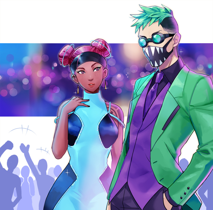 1boy 1girl apex_legends black_headband black_pants black_shirt blue_dress collared_shirt crowd dark_skin dark-skinned_female dress earrings formal goggles hair_behind_ear hand_in_pocket hand_on_own_chest headband jewelry lifeline_(apex_legends) nashigawa necktie octane_(apex_legends) pants parted_lips pink_hair purple_neckwear purple_vest shirt suit undercut vest waving