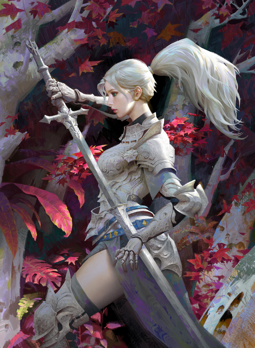 1girl absurdres armor autumn_leaves breastplate breasts chinese_commentary fantasy forest from_side greaves grey_skirt hair_behind_ear highres holding holding_sword holding_weapon medium_breasts nature open_hand original ponytail sheath skirt solo sword thigh-highs tree unsheathing weapon white_background ya_lun