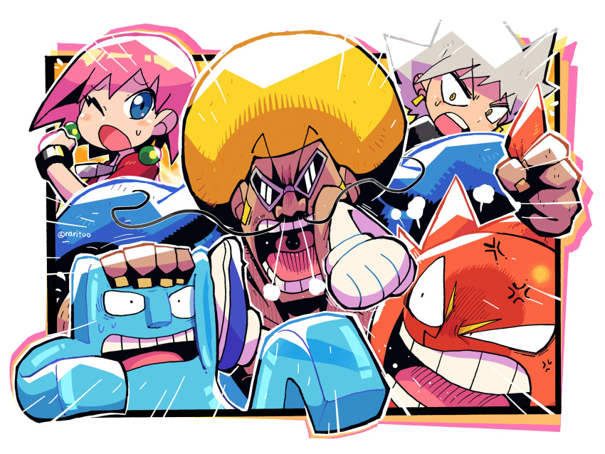 1girl 4boys :o afro anger_vein beauty blonde_hair blue_eyes bobobo-bo_bo-bobo bobobo-bo_bo-bobo_(character) don_patch earrings glasses heppokomaru highres jewelry mixed-language_commentary multiple_boys one_eye_closed open_mouth pink_hair rariatto_(ganguri) short_hair tokoro_tennosuke white_hair yellow_eyes