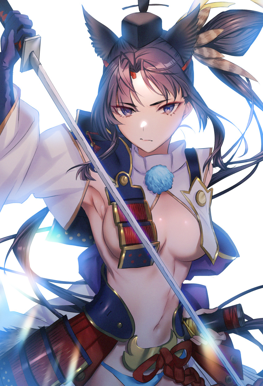 1girl akebono_kt armor armpits asymmetrical_clothes bangs bare_shoulders black_hair blue_eyes blue_gloves blue_panties breast_curtains breasts fate/grand_order fate_(series) feathers gloves hair_feathers hat highres japanese_armor katana large_breasts long_hair looking_at_viewer mismatched_sleeves navel panties parted_bangs side_bun side_ponytail sidelocks sword underwear ushiwakamaru_(fate/grand_order) weapon