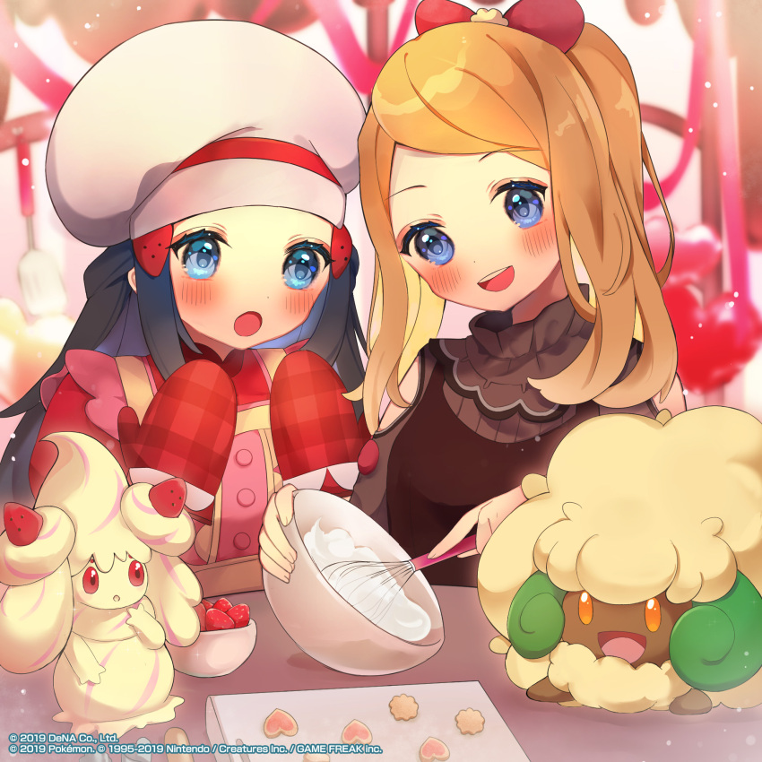 2girls :o alcremie alcremie_(strawberry_sweet) apron blue_eyes blush bow brown_dress buttons chikuwa commentary_request hikari_(pokemon) dress eyebrows_visible_through_hair eyelashes food fruit gen_5_pokemon gen_8_pokemon grey_headwear hair_bow hat highres holding_whisk light_brown_hair mixing_bowl multiple_girls official_art open_mouth pokemon pokemon_(creature) pokemon_(game) pokemon_masters_ex red_bow serena_(pokemon) smile strawberry teeth tongue whimsicott whisker_markings whisking