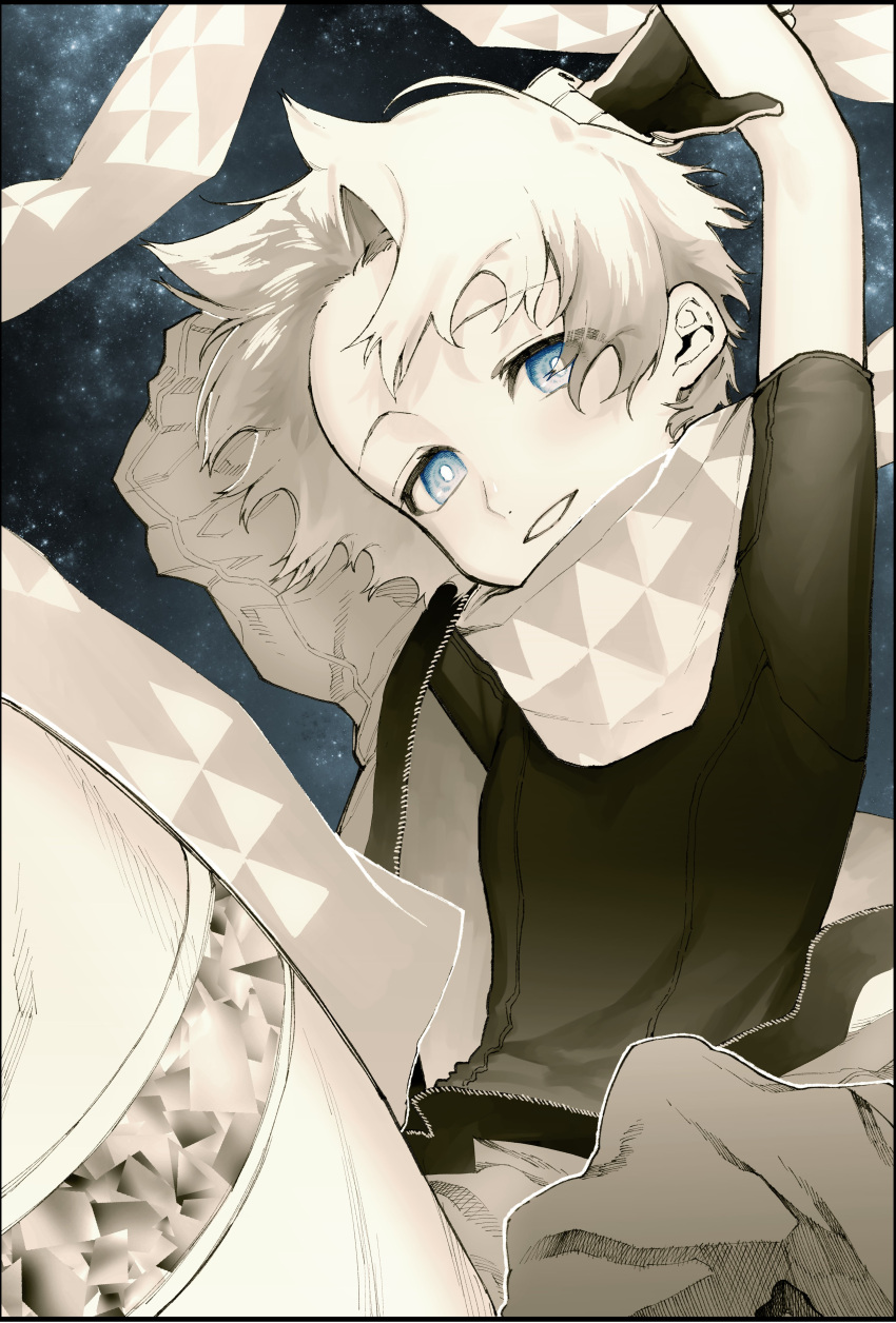 1boy absurdres arms_up black_shirt blue_eyes chouonsoku-jiisan fate/grand_order fate/requiem fate_(series) gloves highres limited_palette male_focus open_clothes scarf shirt space spacesuit voyager_(fate/requiem)