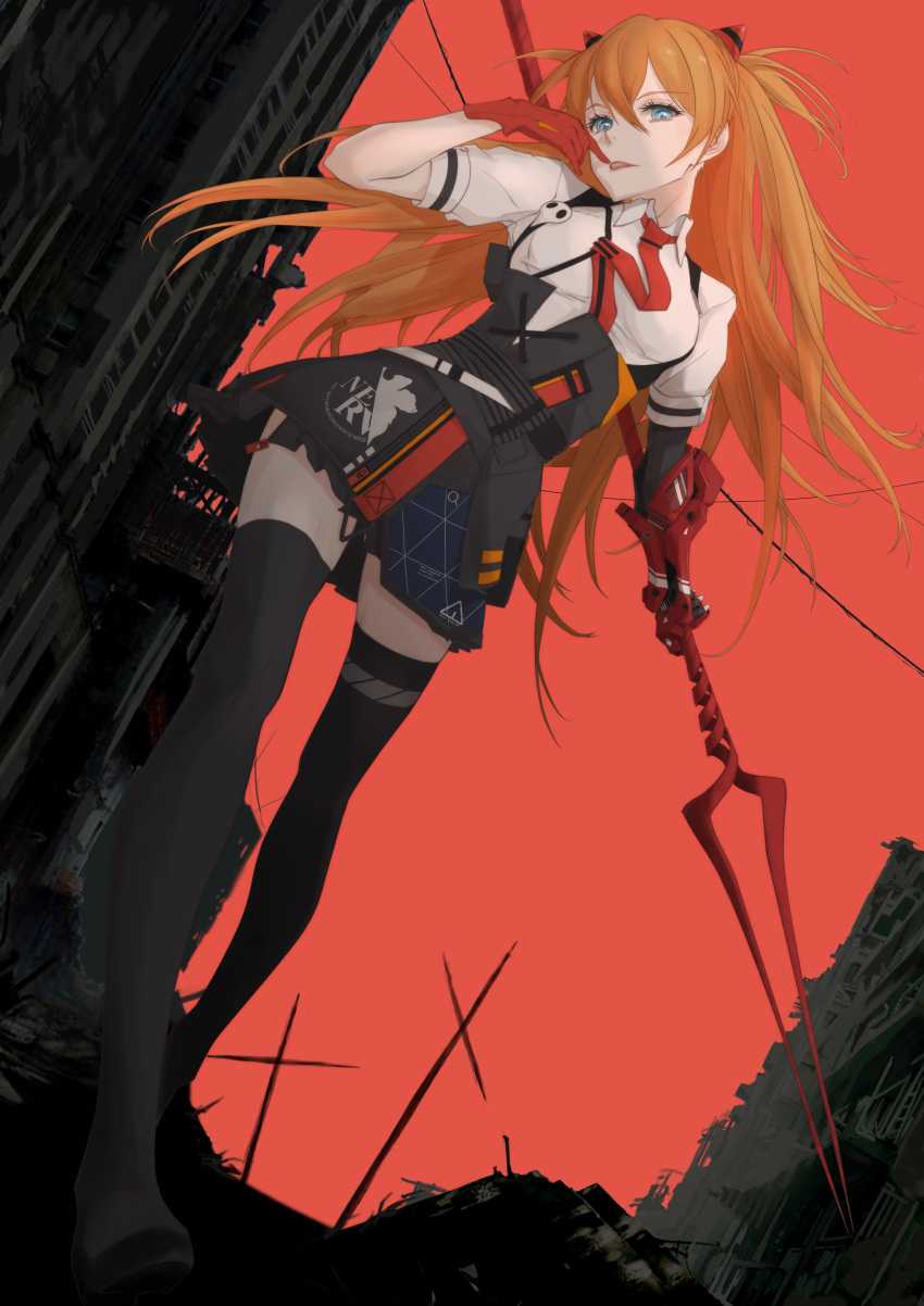 1girl absurdres blue_eyes bow dutch_angle gloves hair_between_eyes highres honkai_(series) honkai_impact_3rd interface_headset lance_of_longinus neon_genesis_evangelion nerv red_background red_bow red_gloves ruins solo souryuu_asuka_langley thigh-highs thighs tongue tongue_out yyano4691 zettai_ryouiki