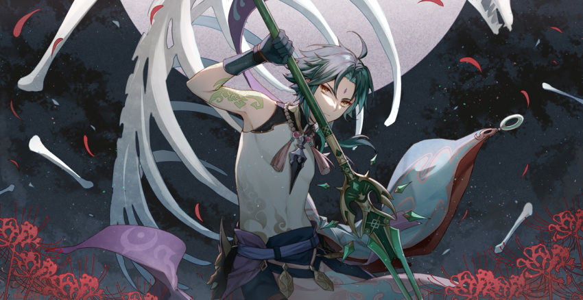1boy ahoge arm_tattoo bangs bead_necklace beads black_gloves black_hair bone closed_mouth facial_mark flower flower_request forehead_mark genshin_impact gloves green_hair holding holding_polearm holding_spear holding_weapon jewelry long_hair looking_at_viewer male_focus mask multicolored_hair necklace night night_sky outdoors parted_bangs petals polearm red_flower ribs shioha sky sleeveless slit_pupils solo spear star_(sky) starry_sky tassel tattoo weapon xiao_(genshin_impact) yellow_eyes