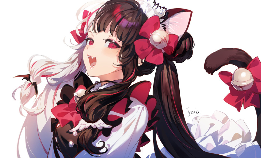 1girl :d animal_ears artist_name bangs bell black_dress blunt_bangs breasts brown_hair cat_ears cat_tail dress eyebrows_visible_through_hair fangs from_side fumiko_(throughx2) highres jingle_bell light_blush long_hair looking_at_viewer medium_breasts multicolored_hair nijisanji open_mouth red_eyes sidelocks simple_background smile solo tail two-tone_hair upper_body white_background white_hair white_sleeves yorumi_rena