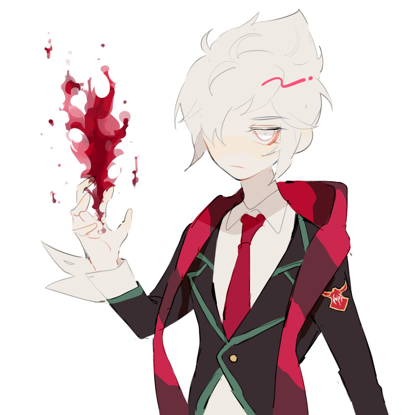 1boy academy_vladimir blood closed_mouth floating frown hair_over_one_eye highres league_of_legends male_focus necktie p_ar red_neckwear red_scarf scarf school_uniform simple_background solo uniform vladimir_(league_of_legends) white_background white_eyes white_hair