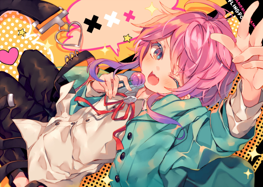 1boy ;d ahoge amemura_ramuda ana_(rznuscrf) arm_up black_pants blue_eyes buttons candy character_name commentary_request dot_nose dress_shirt dutch_angle food green_jacket holding holding_candy holding_food holding_lollipop hood hood_down hooded_jacket hypnosis_mic jacket legs_up lollipop long_sleeves male_focus neck_ribbon one_eye_closed open_mouth oversized_clothes pants pink_hair polka_dot polka_dot_background red_neckwear ribbon shirt short_hair_with_long_locks smile solo sparkle sparkling_eyes speech_bubble spoken_x star_(sky) suspenders_hanging w white_shirt x