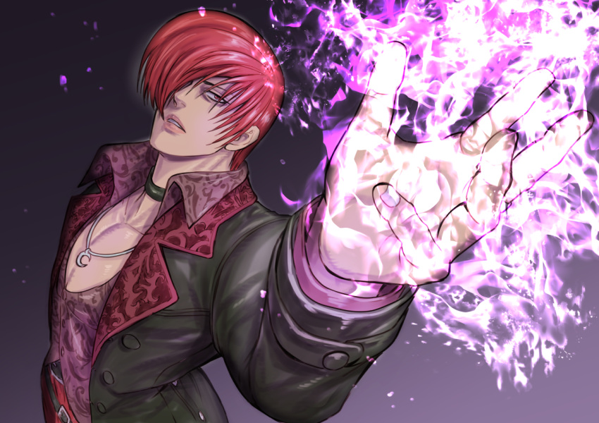 1boy aoki_masahiko choker coat fire hair_over_one_eye jacket jewelry looking_at_viewer male_focus pants purple_fire pyrokinesis red_eyes redhead short_hair simple_background snk solo the_king_of_fighters the_king_of_fighters_xv yagami_iori