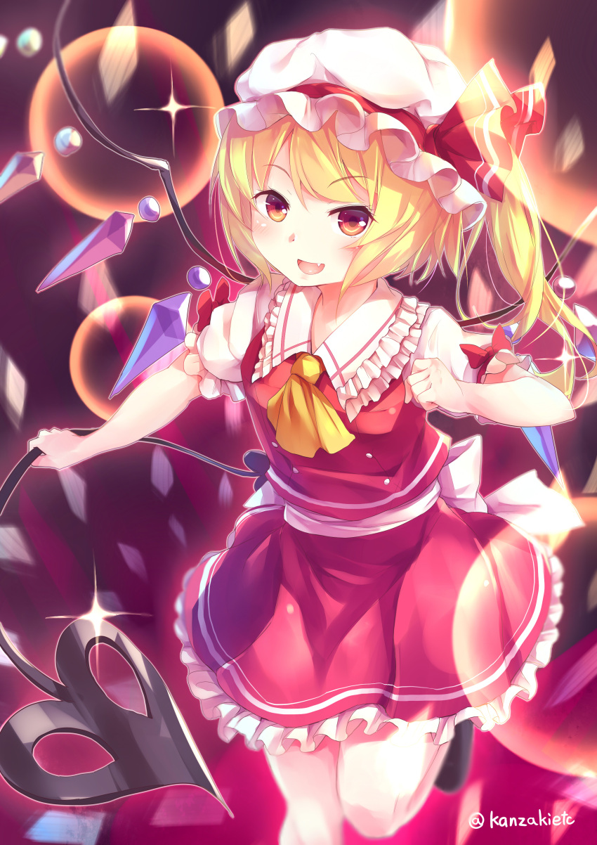 1girl :d absurdres artist_name ascot back_bow bangs blonde_hair blush bow breasts commentary_request crystal danmaku eyebrows_visible_through_hair fang flandre_scarlet foot_out_of_frame frilled_shirt_collar frills glint hat hat_ribbon highres holding holding_polearm holding_weapon kanzakietc laevatein looking_at_viewer mob_cap one_side_up open_mouth petticoat polearm puffy_short_sleeves puffy_sleeves red_bow red_eyes red_ribbon red_skirt red_vest ribbon short_hair short_sleeves skin_fang skirt small_breasts smile solo sparkle standing standing_on_one_leg swept_bangs touhou vest weapon white_bow white_headwear wings yellow_neckwear