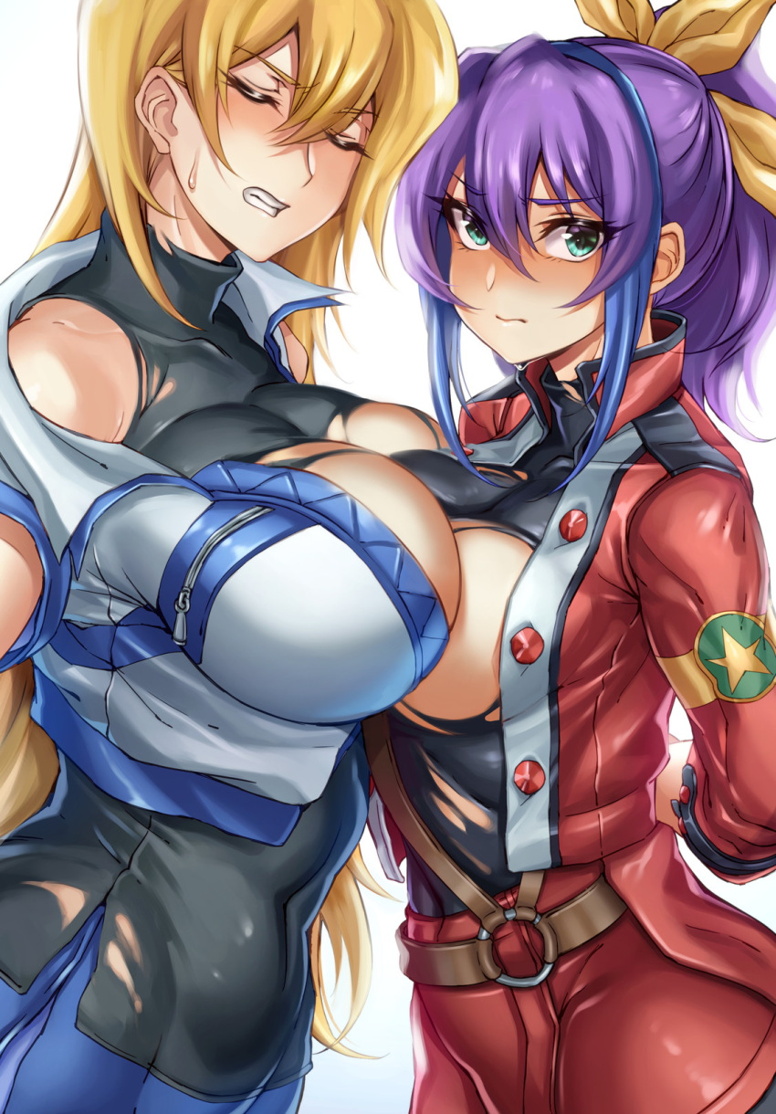 2girls arms_behind_back asymmetrical_docking bare_shoulders belt blonde_hair blue_hair breast_envy breast_press breasts breasts_outside bush clenched_teeth closed_mouth collarbone covered_collarbone covered_navel eyebrows_visible_through_hair gradient gradient_background green_eyes hair_between_eyes highres hikari_(komitiookami) ku_koro large_breasts long_hair medium_breasts multicolored multicolored_hair multiple_girls parted_lips ponytail purple_hair serena_(yu-gi-oh!) sweat teeth tenjouin_asuka torn torn_clothes turtleneck yu-gi-oh! yu-gi-oh!_arc-v zipper zipper_pull_tab