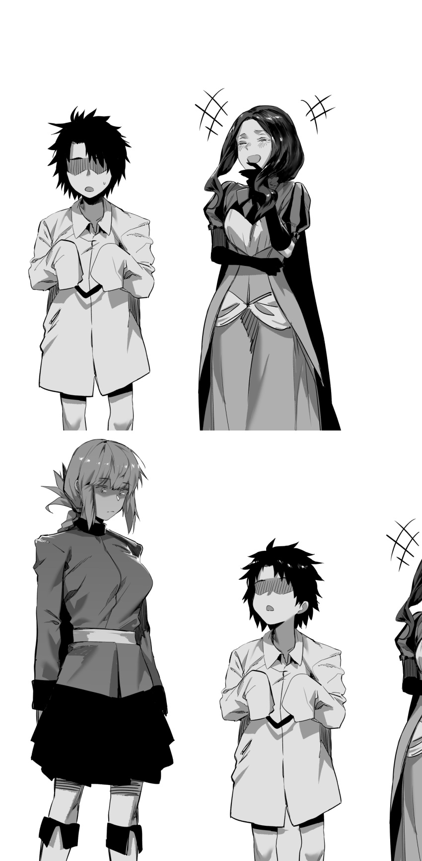 1boy 2girls absurdres age_regression bangs belt braid breasts closed_eyes fate/grand_order fate_(series) florence_nightingale_(fate) folded_ponytail fujimaru_ritsuka_(male) gloves greyscale highres hxd large_breasts laughing leonardo_da_vinci_(fate) leonardo_da_vinci_(rider)_(fate) long_hair long_sleeves military_jacket monochrome multiple_girls open_mouth parted_bangs short_hair skirt younger