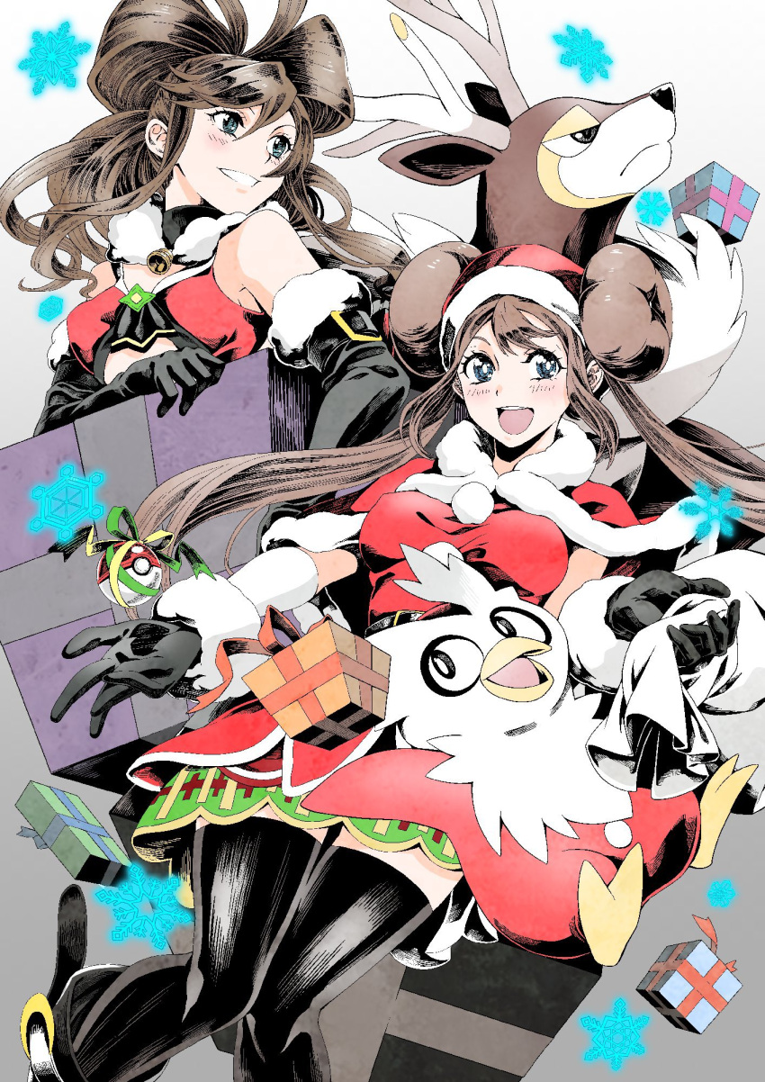 2girls bangs black_gloves black_legwear blush box breasts brown_hair christmas commentary_request delibird double_bun eyelashes floating_hair gen_2_pokemon gen_5_pokemon gift gift_box gloves hat highres hilda_(pokemon) holding holding_sack multiple_girls poke_ball poke_ball_(basic) pokemon pokemon_(creature) pokemon_(game) pokemon_masters_ex rosa_(pokemon) ryuusei_(trickster) sack santa_costume santa_hat sawsbuck sawsbuck_(winter) sidelocks smile snowflakes thigh-highs twintails