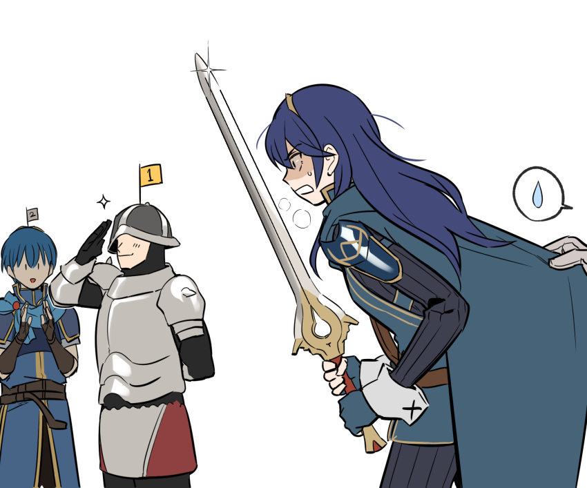 1girl armor blue_eyes blue_hair blush cape chrom_(fire_emblem) falchion_(fire_emblem) father_and_daughter fingerless_gloves fire_emblem fire_emblem:_mystery_of_the_emblem fire_emblem:_three_houses fire_emblem_awakening fire_emblem_heroes flag gatekeeper_(fire_emblem) gloves hair_between_eyes highres long_hair lucina_(fire_emblem) marth_(fire_emblem) multiple_boys open_mouth rasupekuto short_hair simple_background smile sword tiara weapon