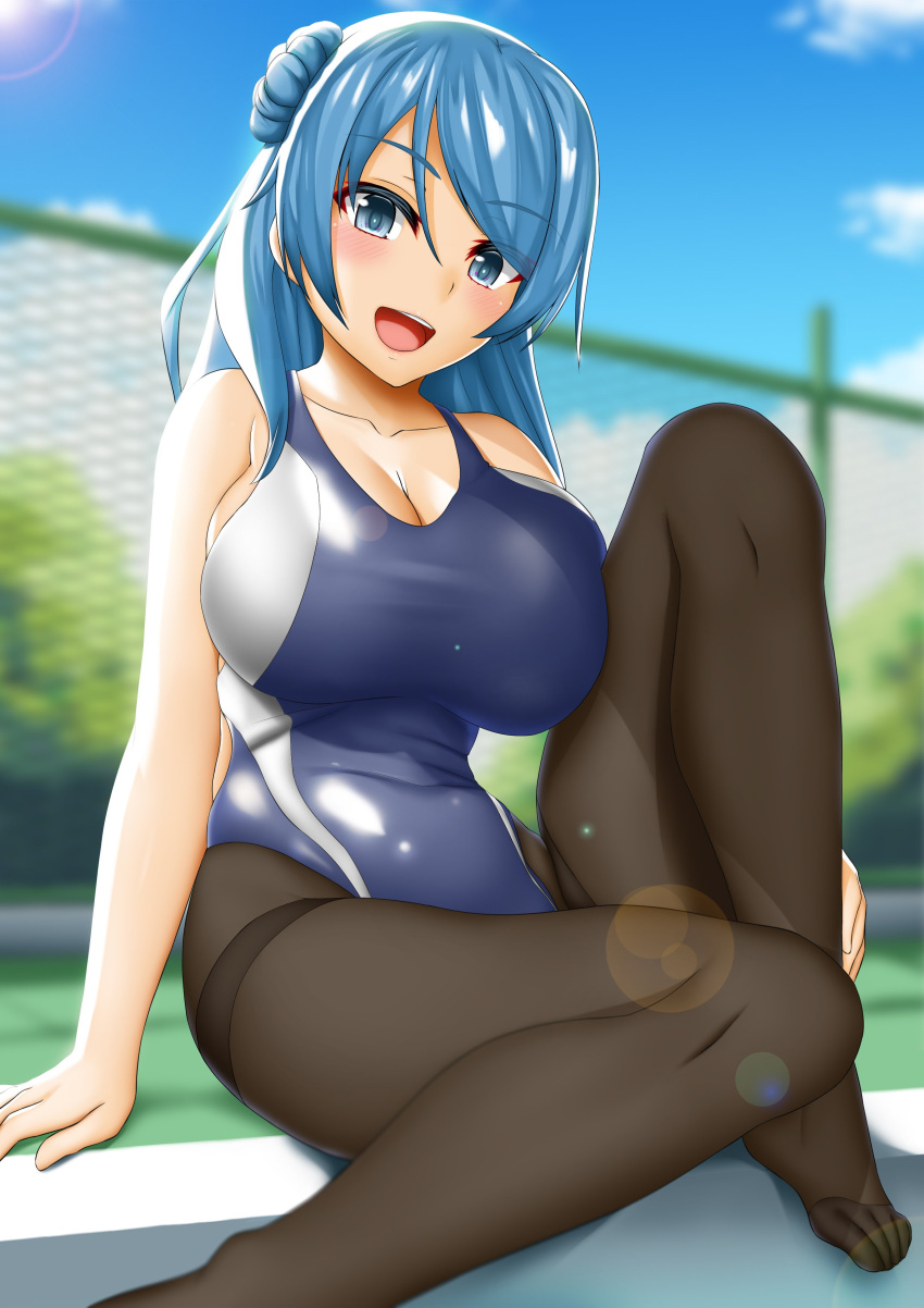 1girl absurdres abukobato black_legwear blue_eyes blue_hair blue_sky blue_swimsuit blurry breasts bush chain-link_fence clouds competition_swimsuit day depth_of_field double_bun feet_out_of_frame fence highres kantai_collection large_breasts lens_flare looking_at_viewer medium_hair one-piece_swimsuit open_mouth outdoors pantyhose pantyhose_under_swimsuit sitting sky smile solo swimsuit thighband_pantyhose urakaze_(kantai_collection)