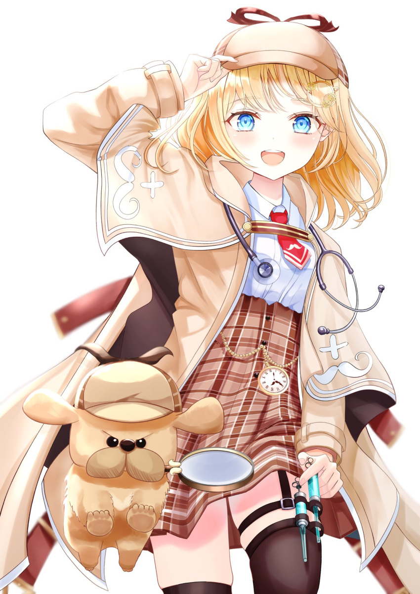 1girl :d blonde_hair blue_eyes blurry brown_skirt cowboy_shot deerstalker depth_of_field hat highres hololive hololive_english looking_at_viewer open_mouth plaid plaid_skirt simple_background skirt smile solo syringe thigh-highs watson_amelia white_background