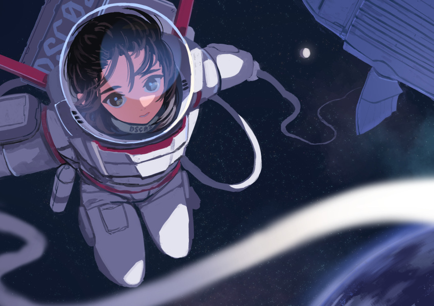 1girl astronaut brown_eyes brown_hair earth_(planet) floating gloves highres looking_at_viewer lower_teeth medium_hair moon original parted_lips planet rope solo space space_craft spacesuit star_(sky) teeth white_gloves window1228