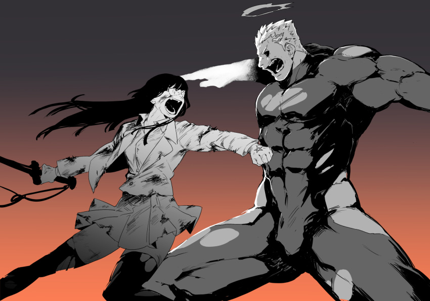 1boy 1girl battle black_bodysuit black_hair black_sclera blood blood_on_face bodysuit breasts bulge colored_sclera covered_abs dark_persona facial_hair feet_out_of_frame fighting_stance glowing glowing_hand halo highres hip_vent holding holding_sword holding_weapon legs_apart long_hair master_2_(tokyo_houkago_summoners) muscular muscular_male pectorals short_hair stubble sword thick_thighs thighs tokyo_houkago_summoners torn_bodysuit torn_clothes torn_legwear weapon zabaniya_(tokyo_houkago_summoners) zabaniyan