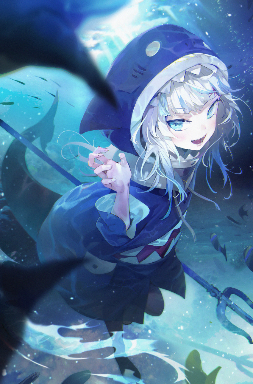 1girl :d a2ki absurdres animal_costume animal_hood bangs black_legwear blue_eyes blue_hair blue_hoodie blunt_bangs blurry claw_pose depth_of_field fish fish_tail freediving full_body gawr_gura highres holding holding_weapon hololive hololive_english hood hoodie huge_filesize long_sleeves looking_at_viewer medium_hair multicolored_hair open_mouth pantyhose polearm shark_costume shark_girl shark_hood shark_tail sharp_teeth silver_hair smile solo streaked_hair tail teeth trident underwater upper_teeth v-shaped_eyebrows virtual_youtuber weapon