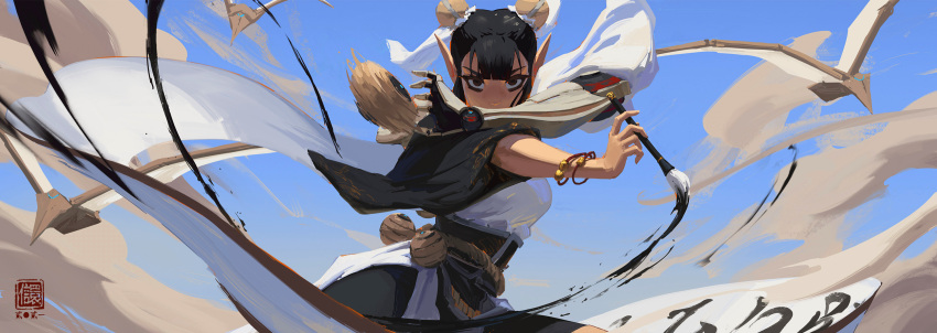 1girl black_hair blue_sky breasts bun_cover calligraphy_brush china_dress chinese_clothes commentary double_bun dress english_commentary eyeliner highres ink kan_liu_(666k) long_pointy_ears looking_at_viewer makeup mechanical_arm medium_breasts motion_blur original paintbrush pointy_ears prosthesis prosthetic_arm rope_belt short_hair sky smoke solo throwing white_dress wide_sleeves widescreen xiang_xiao-lu