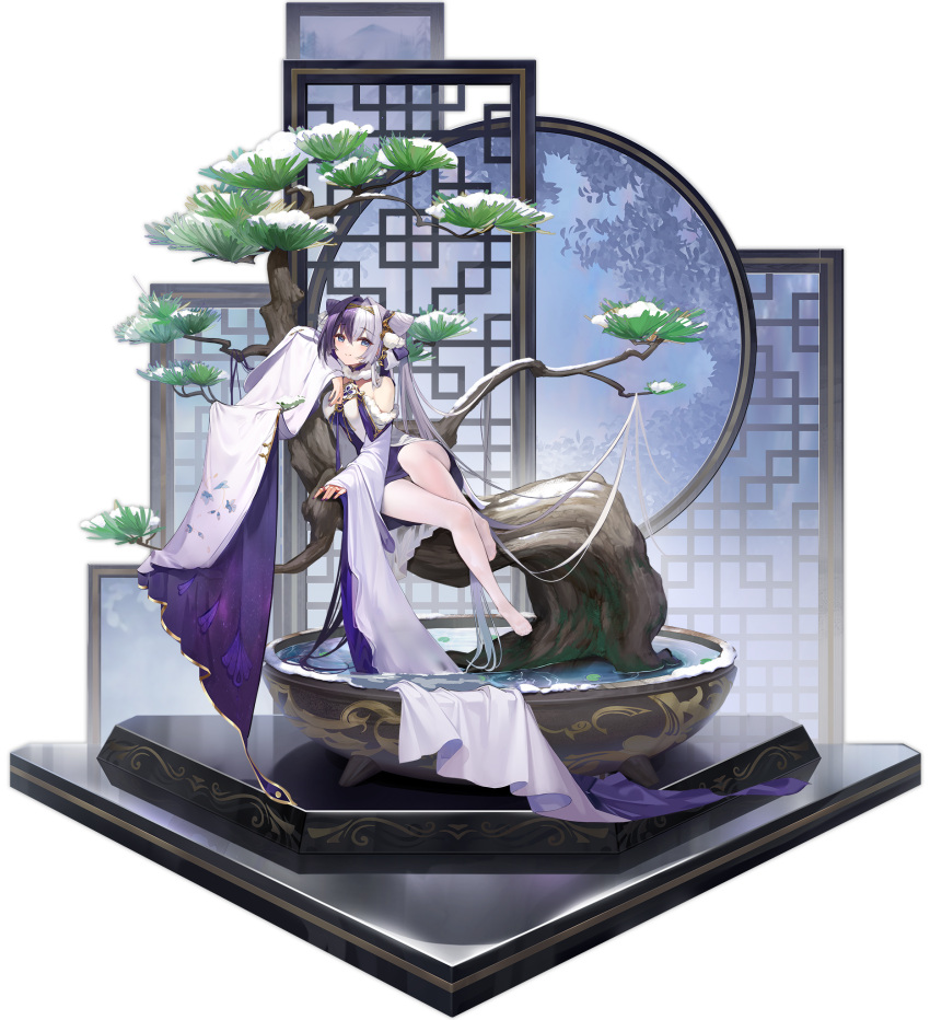 1girl azur_lane bare_shoulders blue_eyes blush dress feet fur-trimmed_sleeves fur_trim hair_ornament highres in_tree long_hair looking_at_viewer multicolored_hair official_alternate_costume official_art open_mouth pantyhose sitting sitting_in_tree smile snow transparent_background tree tree_branch two-tone_hair very_long_hair white_dress white_legwear ying_swei_(azur_lane) ying_swei_(snowy_pine's_warmth)_(azur_lane) yyy_(zelda10010)