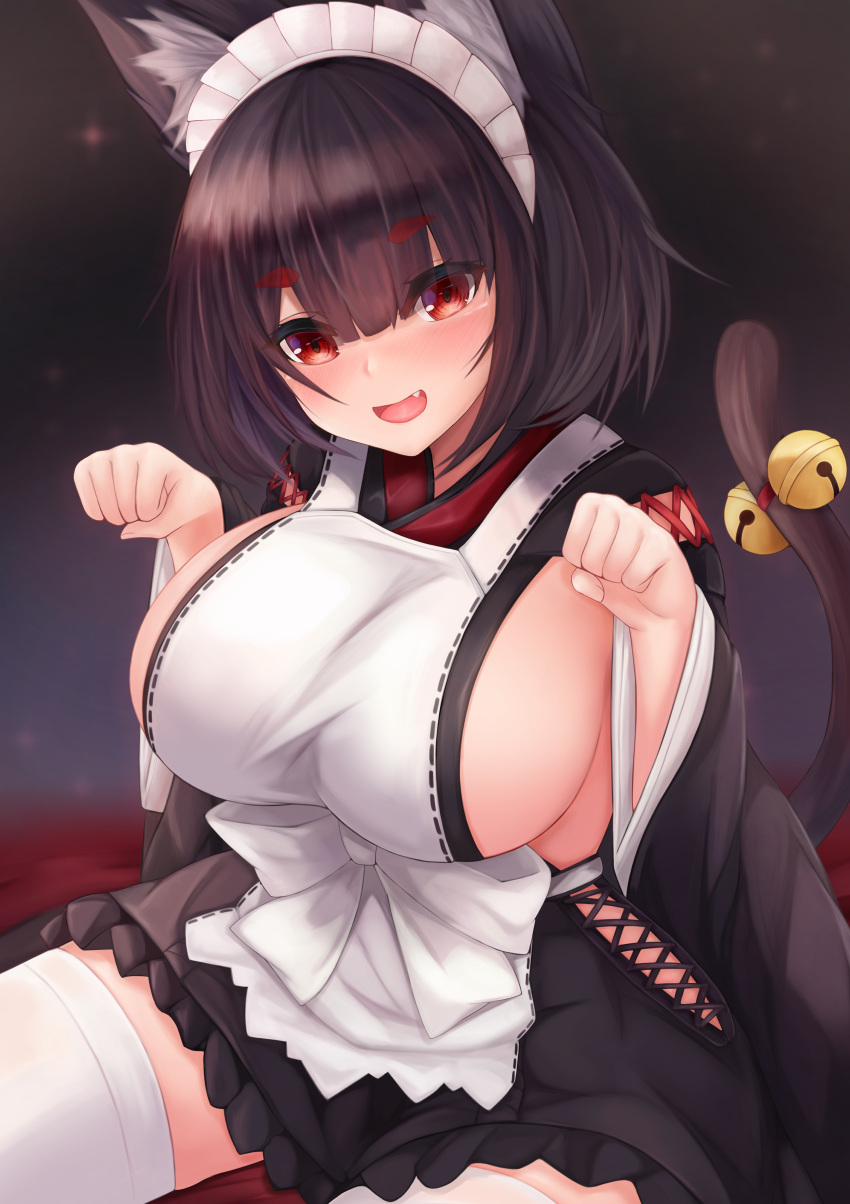 1girl absurdres animal_ear_fluff animal_ears apron azur_lane bell breasts brown_dress brown_hair cat_ears cat_tail cross-laced_clothes cross-laced_cutout dress fang frilled_hairband frills hairband highres maid_headdress medium_hair official_alternate_costume open_mouth paw_pose red_eyes ryara sideboob sideless_outfit sitting solo tail tail_bell tail_ornament thick_eyebrows thigh-highs wa_maid white_apron white_legwear wide_sleeves yamashiro_(azur_lane) yamashiro_(sales_clerk_offensive?!)_(azur_lane) zettai_ryouiki