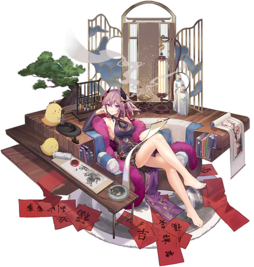 1girl azur_lane bare_shoulders barefoot book bookshelf breasts calligraphy_brush character_name china_dress chinese_clothes cleavage_cutout clothing_cutout criin dress feather_boa full_body gold_trim hair_between_eyes highres horns kirishima_(azur_lane) kirishima_(fragrant_inked_grace)_(azur_lane) legs manjuu_(azur_lane) medium_breasts medium_hair official_alternate_costume official_art paintbrush purple_hair scroll see-through side_slit single_bridal_gauntlet sitting sleeveless sleeveless_dress smoke solo toes transparent_background violet_eyes wooden_floor