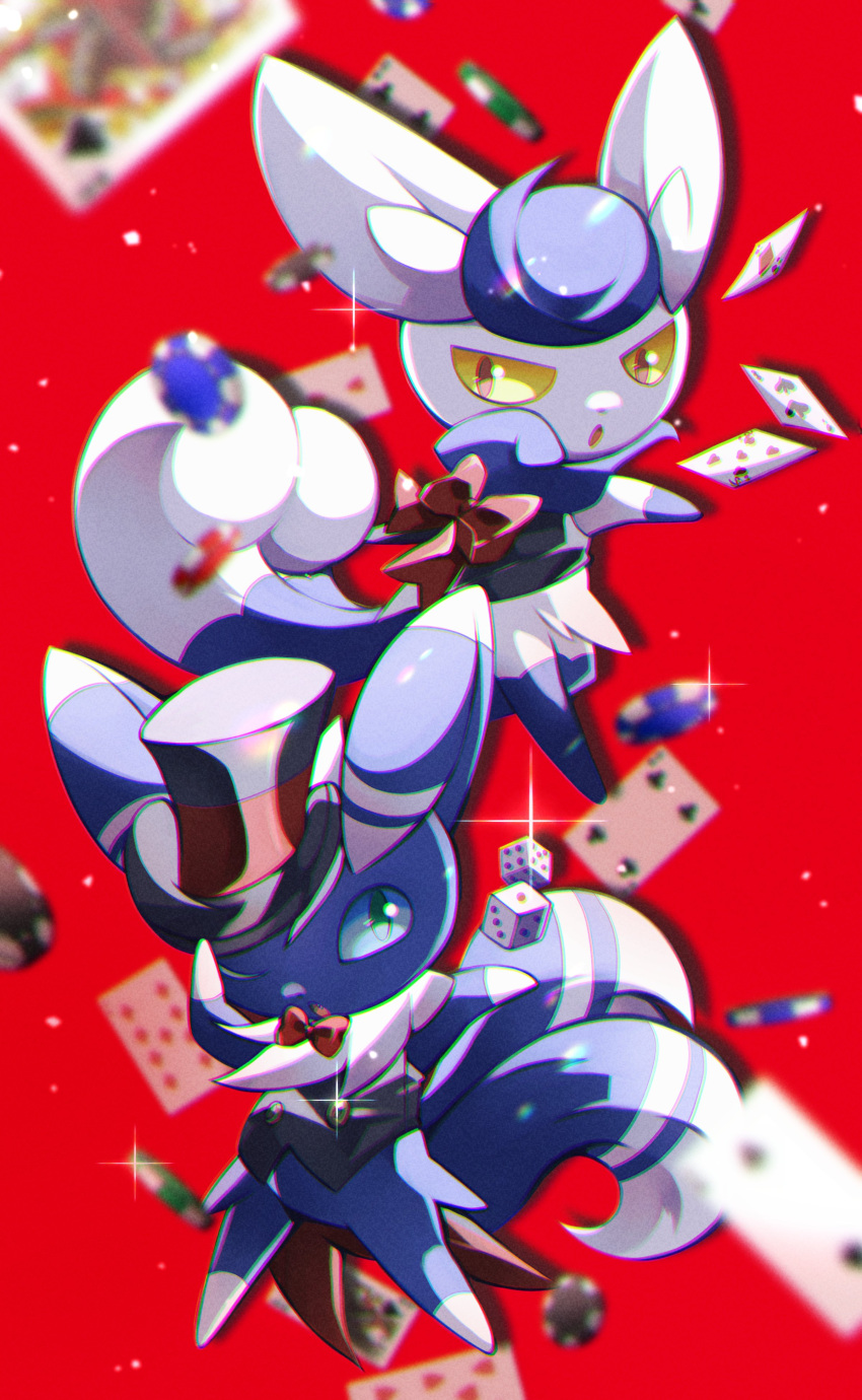 :o absurdres blurry card commentary_request dice gen_6_pokemon green_eyes hand_on_headwear hat hatted_pokemon highres kisa_(kisa-kisa5900) legs_apart looking_up meowstic meowstic_(female) meowstic_(male) one_eye_closed open_mouth playing_card pokemon poker_chip red_background red_ribbon ribbon sparkle tongue top_hat