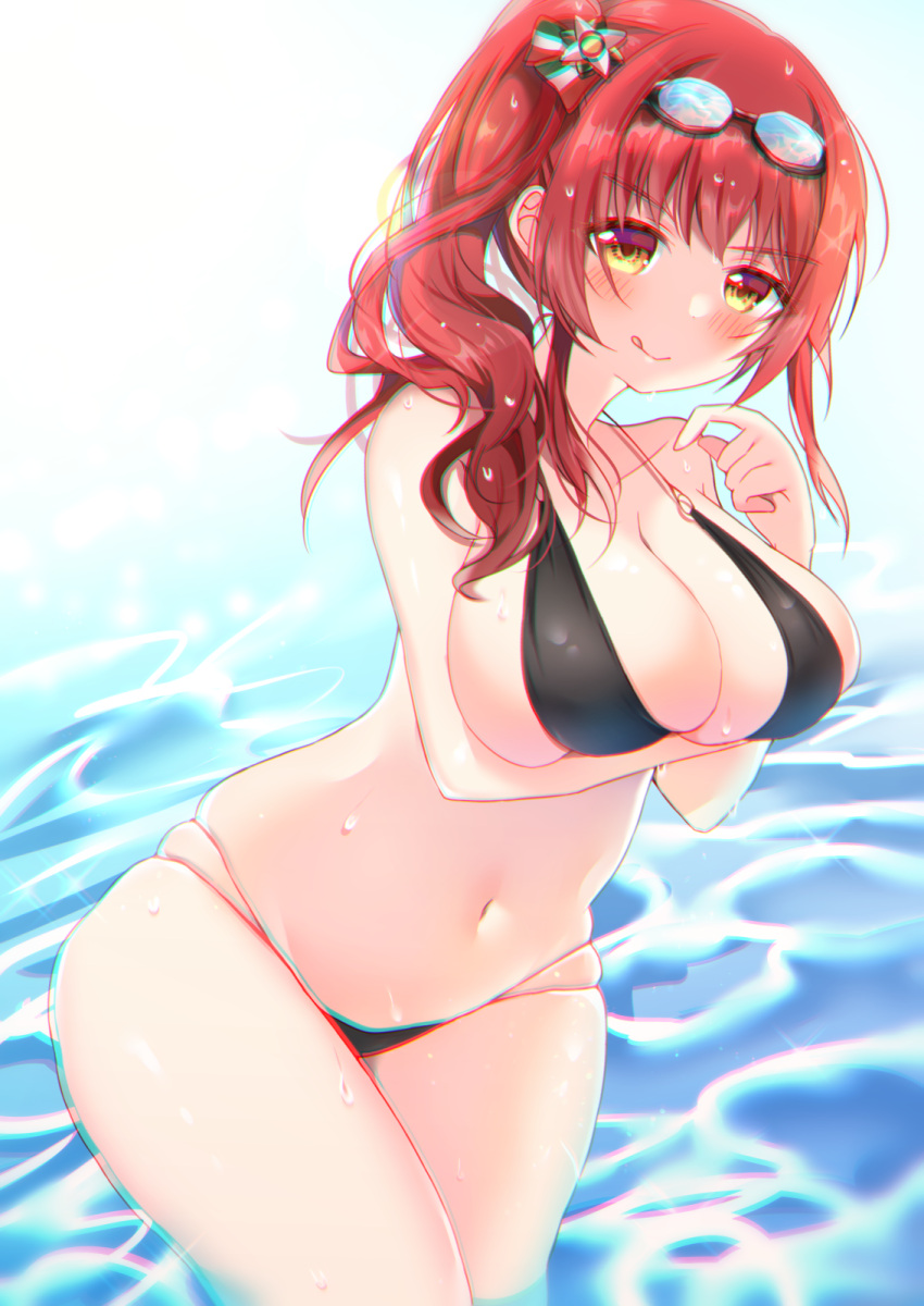 1girl :q azur_lane bikini black_bikini breast_hold breasts chromatic_aberration eyebrows_visible_through_hair goggles goggles_on_head highres italian_flag large_breasts long_hair looking_at_viewer multi-strapped_bikini multiple_straps o-ring o-ring_bikini official_alternate_costume redhead side_ponytail skindentation solo swimsuit tokke34 tongue tongue_out water wet yellow_eyes zara_(azur_lane) zara_(poolside_coincidence)_(azur_lane)