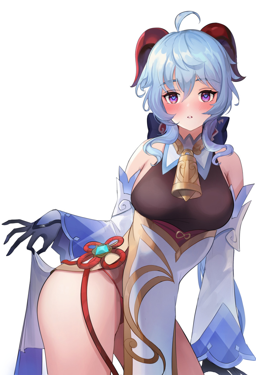 1girl ahoge bare_shoulders bell black_gloves blue_hair breasts brown_leotard contrapposto cowbell cowboy_shot detached_collar detached_sleeves ganyu_(genshin_impact) genshin_impact gloves goat_horns gold_trim heart heart-shaped_pupils highres horns htoomm large_breasts leotard long_hair long_sleeves looking_at_viewer low_ponytail panties parted_lips pelvic_curtain red_panties revision simple_background solo string_panties symbol-shaped_pupils thighs underwear violet_eyes white_background