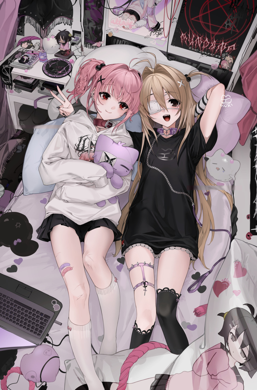2girls altair_(unxi) antenna_hair arm_behind_head arm_warmers bandaid bed bedroom black_legwear black_nails black_shirt black_skirt brown_eyes bug cd_case character_name cockroach collar computer crying curtains dakimakura_(object) ear_piercing eyebrows_visible_through_hair eyepatch fang garters hair_between_eyes hair_bobbles hair_intakes hair_ornament heart heart_pillow highres holding holding_stuffed_toy hood hoodie insect intestine_hair lamp latin_cross leash light_brown_hair lilith_(unxi) lilith_cat_(unxi) long_hair magic_circle mole mole_under_eye multiple_girls nail_art open_mouth original phone piercing pillow pink_hair poster_(object) purple_collar red_collar red_eyes ribbon-trimmed_legwear ribbon_trim room rope scar shirt signature skin_fang skirt sleeves_past_fingers sleeves_past_wrists sticker stuffed_animal stuffed_cat stuffed_toy tea_stand tears twintails two_side_up unxi v veinte white_hoodie white_legwear writing_on_wall x_hair_ornament