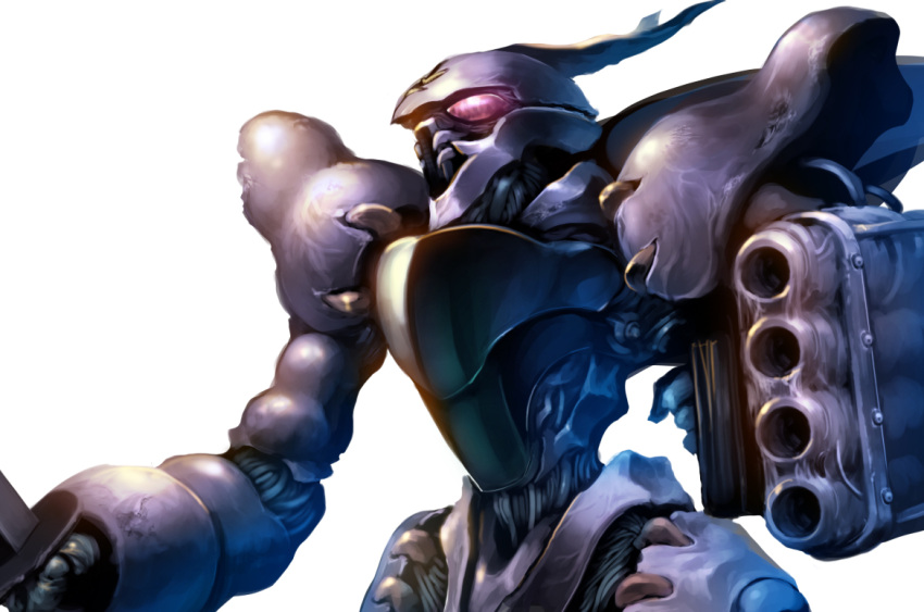 arm_cannon dunbine fantasy holding holding_sword holding_weapon looking_up mecha no_humans red_eyes seisenshi_dunbine solo sword taedu upper_body weapon white_background