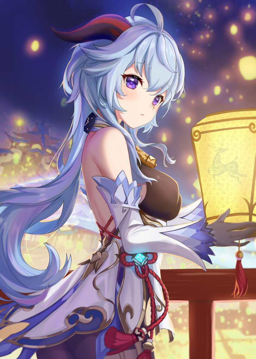 1girl absurdres bare_shoulders black_legwear blue_hair breasts chinese_clothes closed_mouth detached_sleeves from_side ganyu_(genshin_impact) genshin_impact goat_horns highres horns lantern_festival light_blue_hair long_hair looking_at_viewer medium_breasts solo taw_(993004677) violet_eyes vision_(genshin_impact)