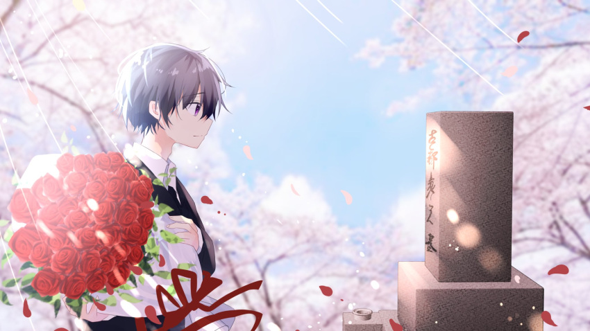 1boy adam's_apple bangs black_hair black_jacket blurry blurry_background bouquet cherry_blossoms collared_shirt flower formal grave hair_between_eyes highres holding holding_bouquet jacket leaves_in_wind looking_ahead original rose shirt solo suit suit_jacket sunlight tombstone violet_eyes white_shirt yuiragi_yuki