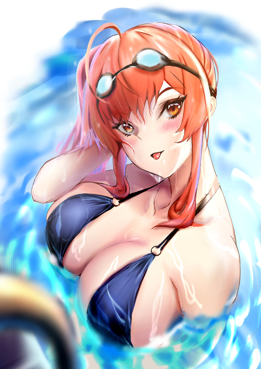1girl :p absurdres azur_lane bikini black_bikini breasts from_above goggles goggles_on_head highres large_breasts long_hair looking_at_viewer looking_up multi-strapped_bikini multiple_straps o-ring o-ring_bikini official_alternate_costume orange_eyes pastaishi pool_ladder poolside redhead side_ponytail skindentation solo swimsuit swimwear tongue tongue_out water wet zara_(azur_lane) zara_(poolside_coincidence)_(azur_lane)
