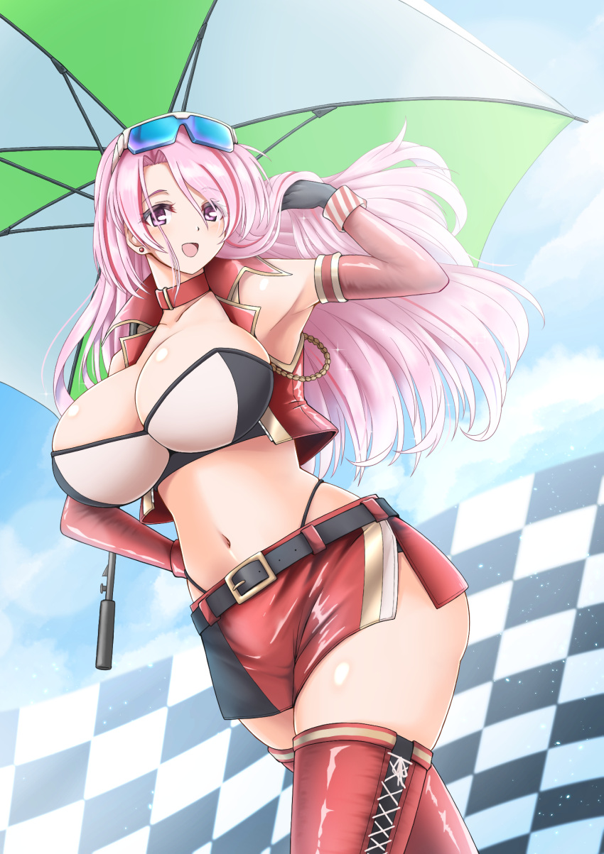 1girl :d alternate_costume belt belt_buckle black_belt black_gloves blush breasts buckle cowboy_shot ear_piercing eyewear_on_head gloves highres kantai_collection large_breasts long_hair luigi_di_savoia_duca_degli_abruzzi_(kantai_collection) navel open_mouth parasol piercing pink_eyes pink_hair racequeen smile solo suke_(share_koube) umbrella