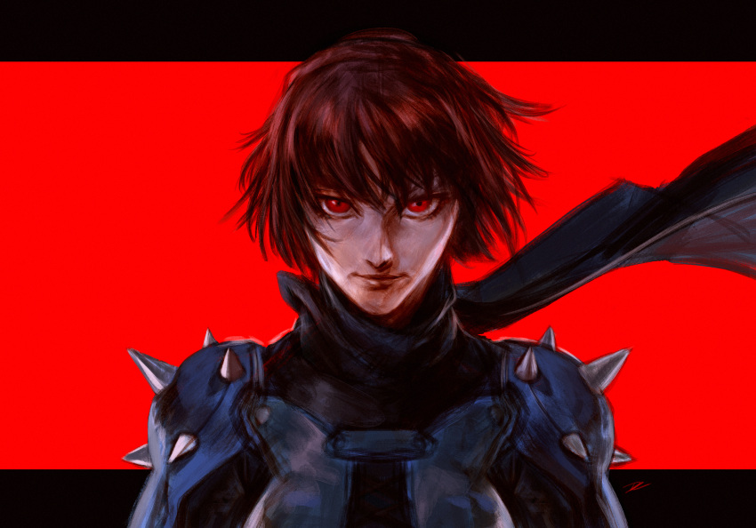 1girl black_scarf brown_hair dave_rapoza highres looking_at_viewer niijima_makoto persona persona_5 red_background red_eyes scarf short_hair shoulder_spikes solo spikes upper_body