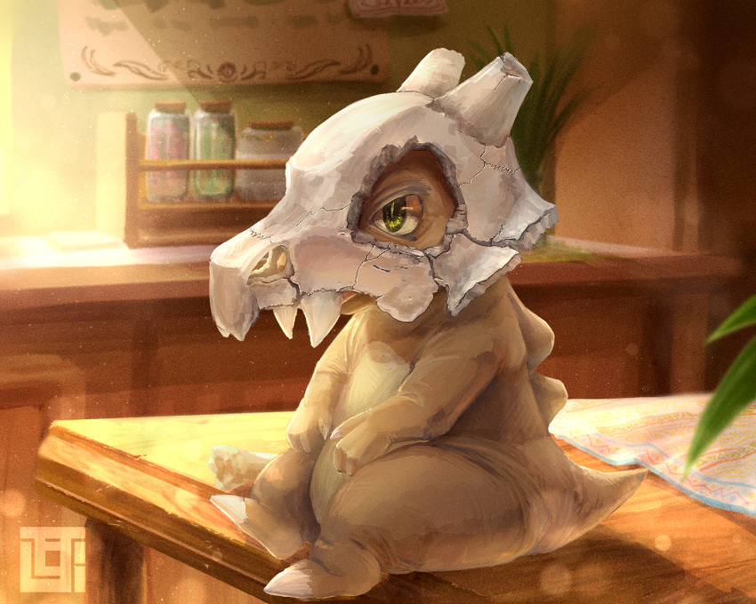 commentary_request creature cubone from_side gen_1_pokemon green_eyes highres indoors kozsen_810290 light_beam no_humans plant pokemon pokemon_(creature) potted_plant shadow sitting skull watermark