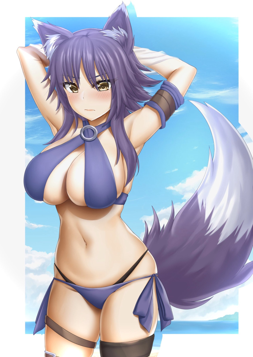1girl abukobato animal_ear_fluff animal_ears bikini black_panties blue_background blue_sky blush border breasts closed_mouth clouds cloudy_sky cowboy_shot criss-cross_halter day embarrassed hair_between_eyes halterneck hands_up highres horizon large_breasts leg_belt long_hair looking_at_viewer makoto_(princess_connect!) navel ocean outside_border panties panties_under_swimsuit princess_connect! princess_connect!_re:dive purple_bikini purple_hair side-tie_bikini skindentation sky solo standing swimsuit tail thigh_strap underwear white_border wolf_ears wolf_tail yellow_eyes