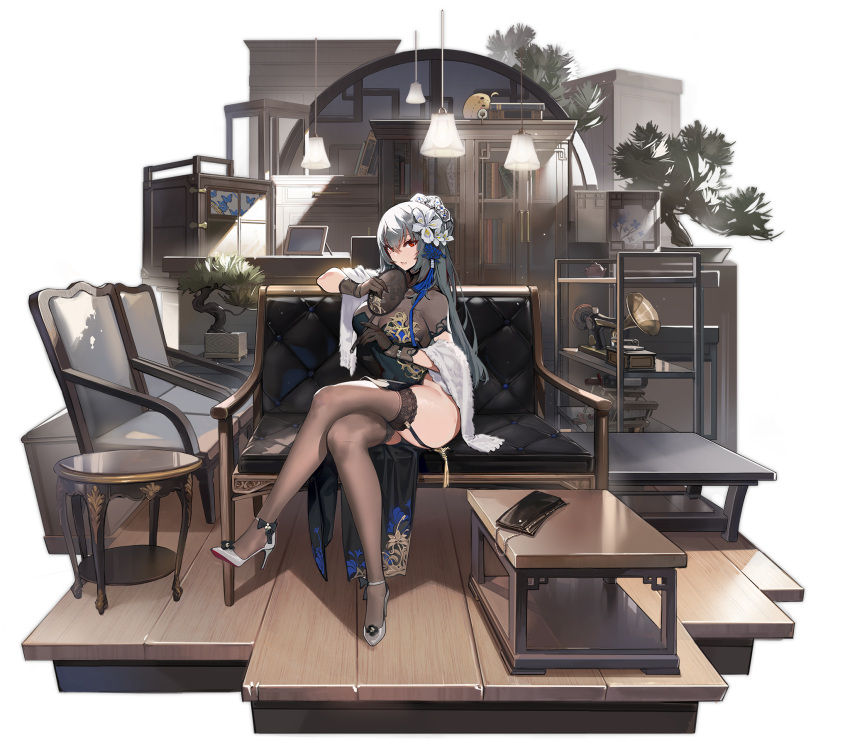 1girl azur_lane bag breasts chair china dress garter_straps grey_hair hair_ornament handbag highres holding kishiyo long_hair manjuu_(azur_lane) mole official_alternate_costume official_art plant pleated_skirt red_eyes saint-louis_(alluring_administrator)_(azur_lane) saint-louis_(azur_lane) see-through_legwear sitting skirt solo table thigh-highs transparent_background